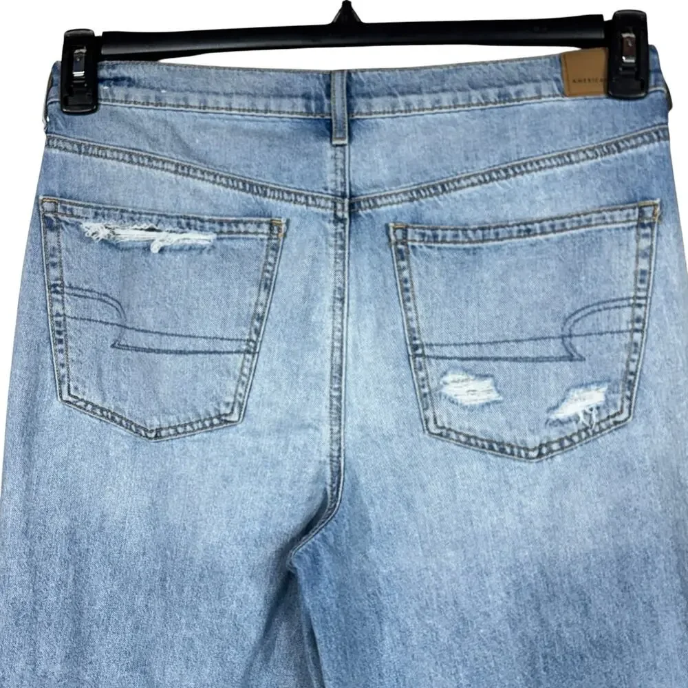 American Eagle SZ 10 Skater Jeans Wide-Leg Distressed Rips Zip-Fly Hi-Rise Blue - Picture 6 of 12